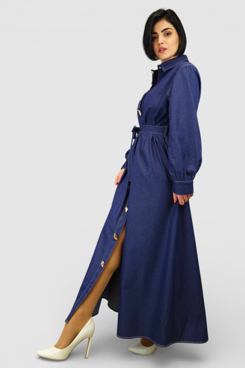 Duga denim haljina Corinna u retro vintage stilu s kontrastnim šavovima