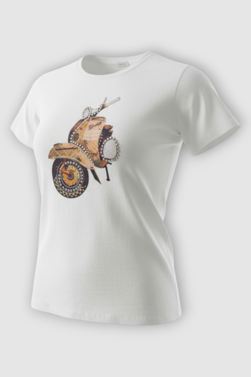 Ženska pamučna bijela majica kratkih rukava sa cirkonima i printom Molly