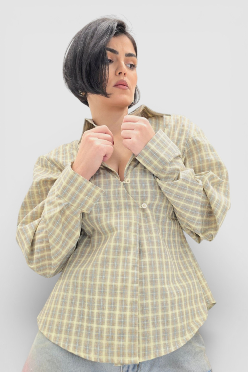 Trendi bež karirana strukirana košulja Lauren sa efektom preklopa i širokim rukavima