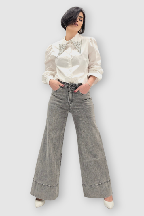 Sive isprane traperice wide leg kroja sa širokim porubom Lisette