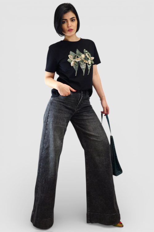 Crne trendi wide leg traperice Meadow s ispranim efektom