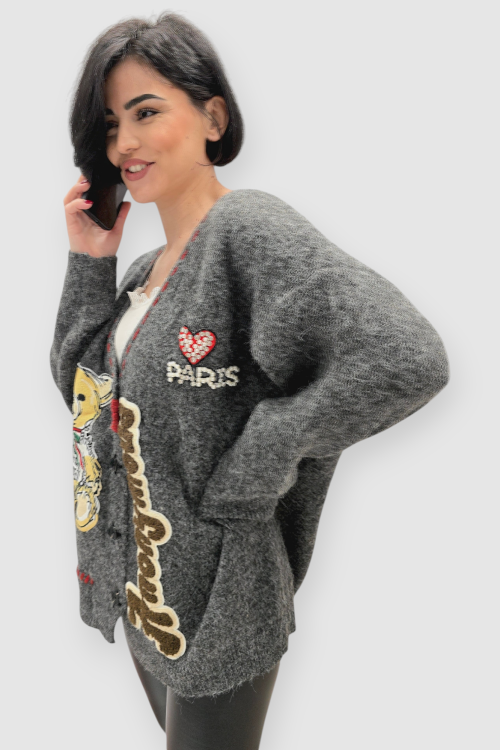 Ženski sivi džemper na kopčanje Bindi s V-izrezom i aplikacijom medvjedića