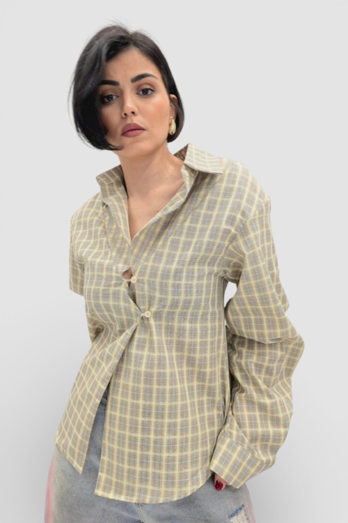 Trendi bež karirana strukirana košulja Lauren sa efektom preklopa i širokim rukavima