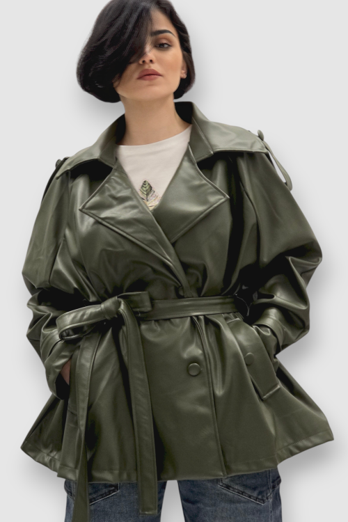 Ženska trendi tamno zelena oversized jakna Ember u imitaciji kože