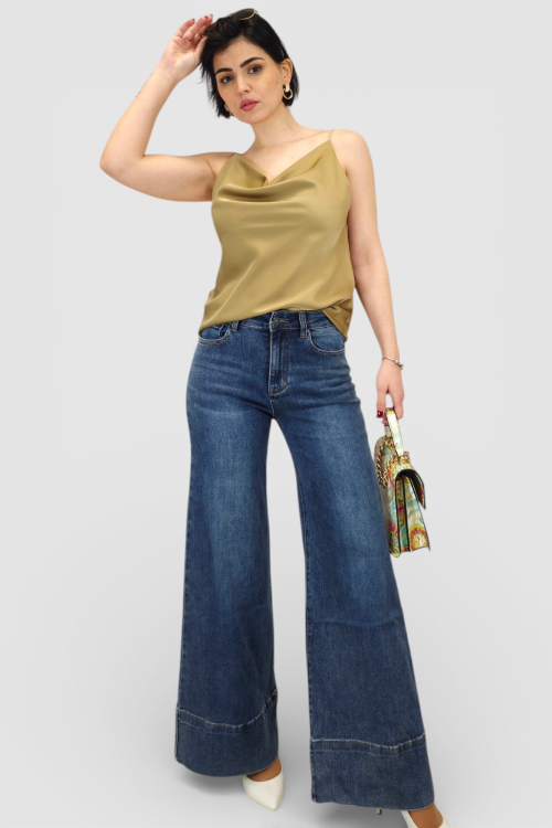 Plave isprane traperice Luna wide leg kroja sa širokim porubom