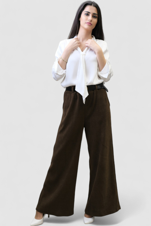 Ženske tamno smeđe samt hlače Lucy s širokim nogavicama i remenom