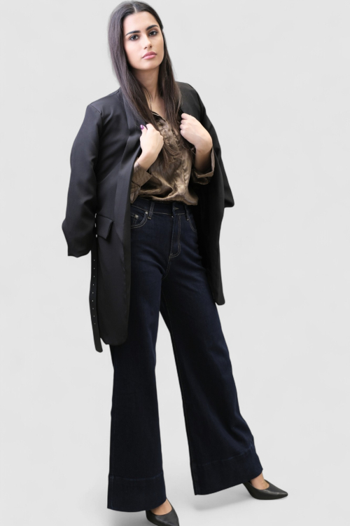 Ženske tamno plave široke traperice Eliza s visokim strukom i širokom nogavicom