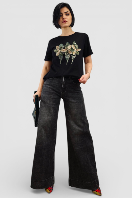 Crne trendi wide leg traperice Meadow s ispranim efektom