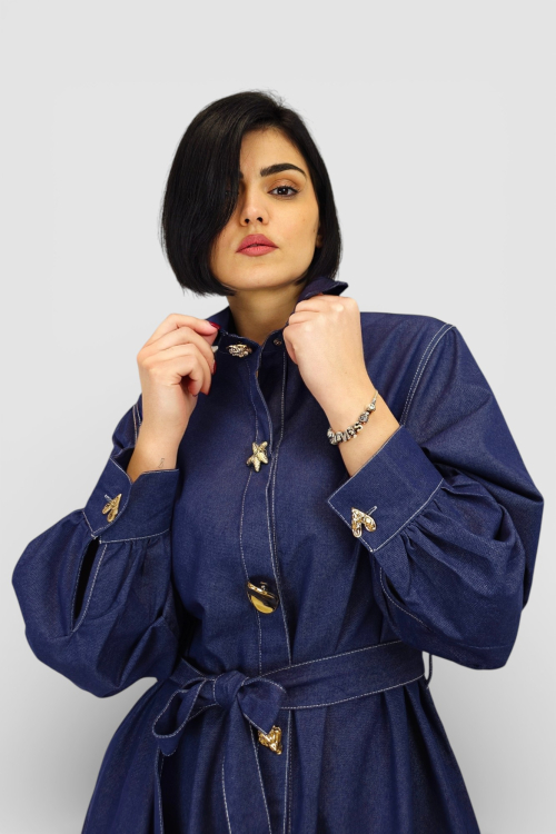 Duga denim haljina Corinna u retro vintage stilu s kontrastnim šavovima