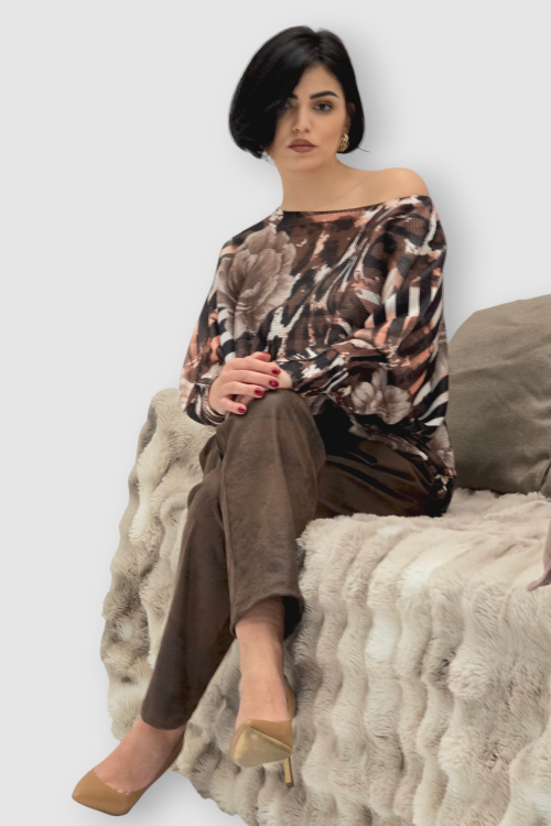 Ženska bordo končana majica Faye dugih rukava sa cvjetnim printom