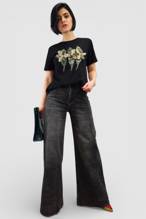 Crne trendi wide leg traperice Meadow s ispranim efektom