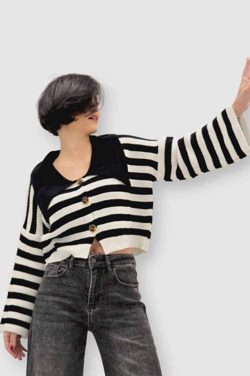Pleteni prugasti džemper Chana s dubokim V-izrezom i velikim ovratnikom na rever