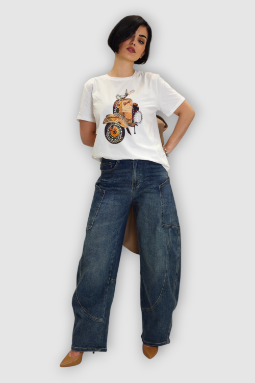 Ženska pamučna bijela majica kratkih rukava sa cirkonima i printom Molly