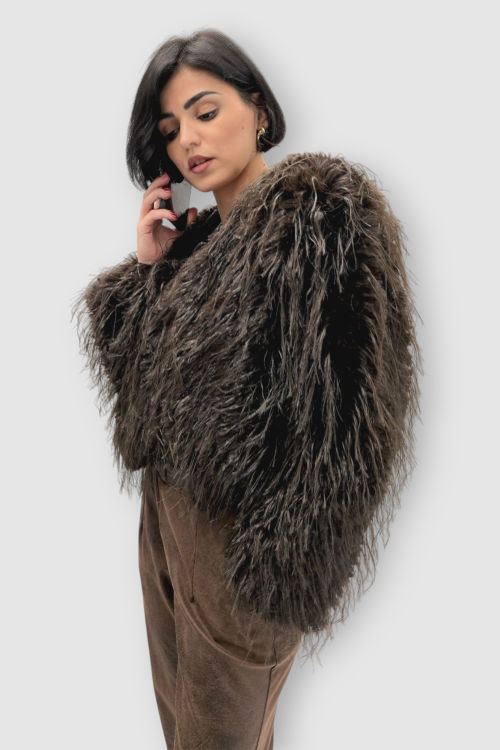 Ženska smeđa kratka čupava trendi jakna Edith