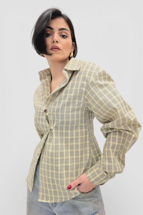 Trendi bež karirana strukirana košulja Lauren sa efektom preklopa i širokim rukavima