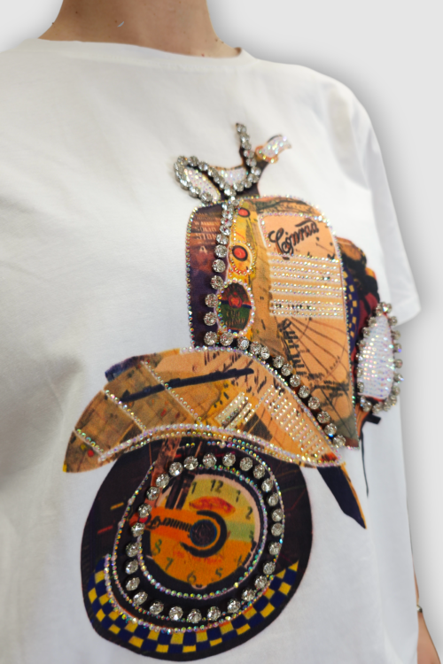 Ženska pamučna bijela majica kratkih rukava sa cirkonima i printom Molly