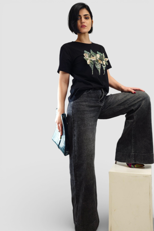 Crne trendi wide leg traperice Meadow s ispranim efektom