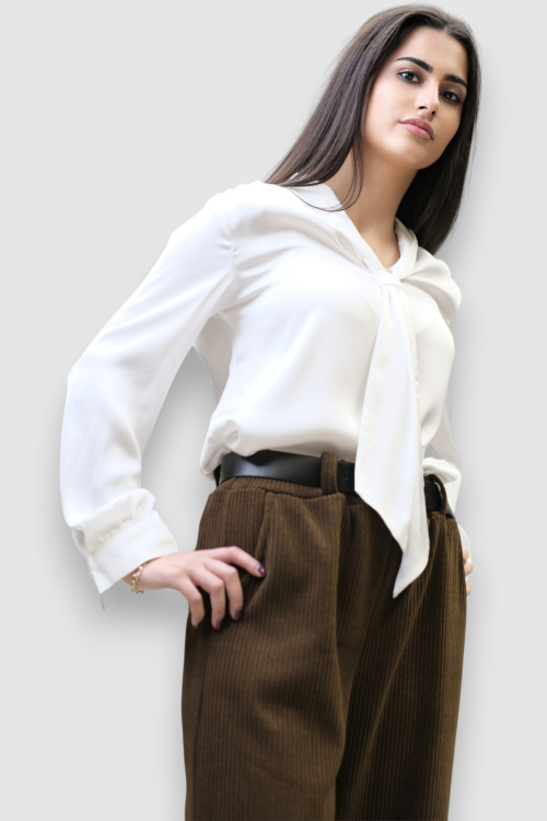 Ženske tamno smeđe samt hlače Lucy s širokim nogavicama i remenom