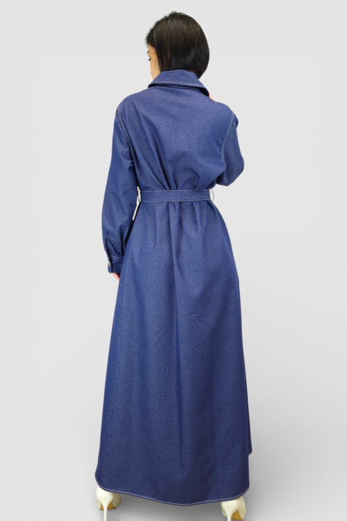 Duga denim haljina Corinna u retro vintage stilu s kontrastnim šavovima