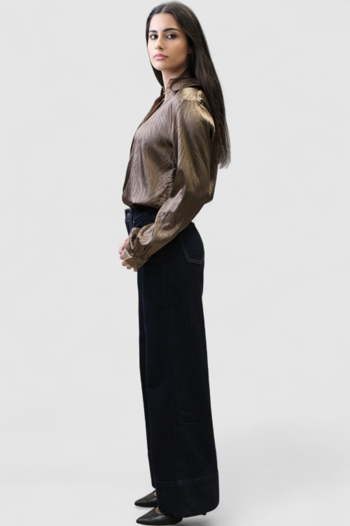 Ženske tamno plave široke traperice Eliza s visokim strukom i širokom nogavicom