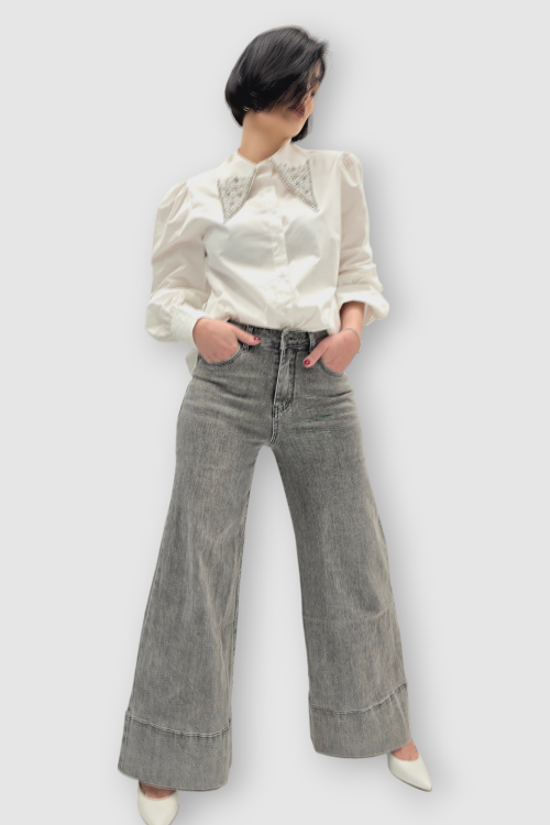 Sive isprane traperice wide leg kroja sa širokim porubom Lisette