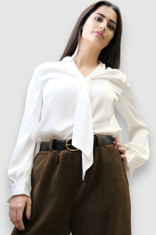 Ženske tamno smeđe samt hlače Lucy s širokim nogavicama i remenom