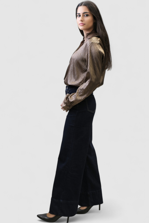 Ženske tamno plave široke traperice Eliza s visokim strukom i širokom nogavicom