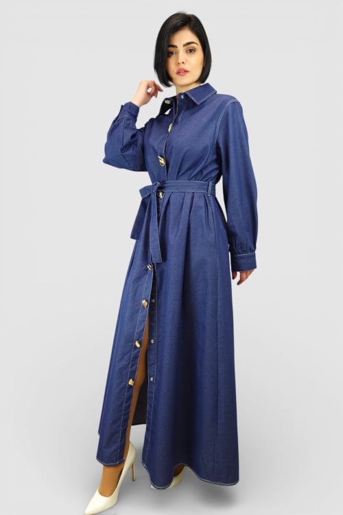 Duga denim haljina Corinna u retro vintage stilu s kontrastnim šavovima