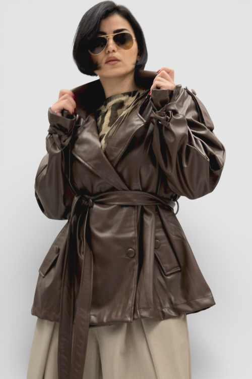 Ženska trendi smeđa oversized jakna Ember u imitaciji kože