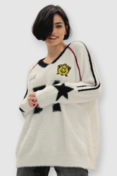 Ženski bijeli džemper Beverly s V-izrezom i retro printom