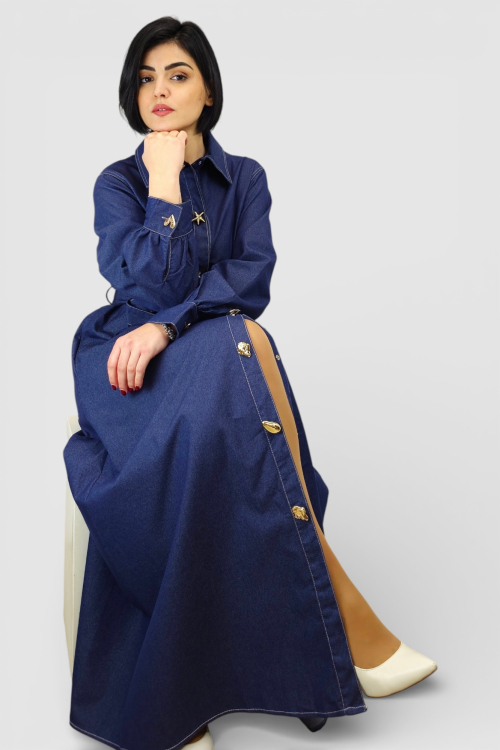 Duga denim haljina Corinna u retro vintage stilu s kontrastnim šavovima