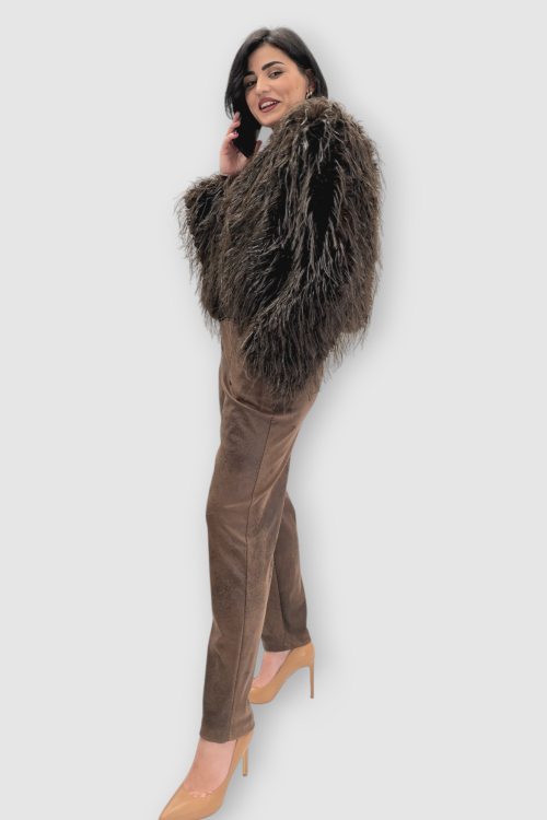 Ženska smeđa kratka čupava trendi jakna Edith