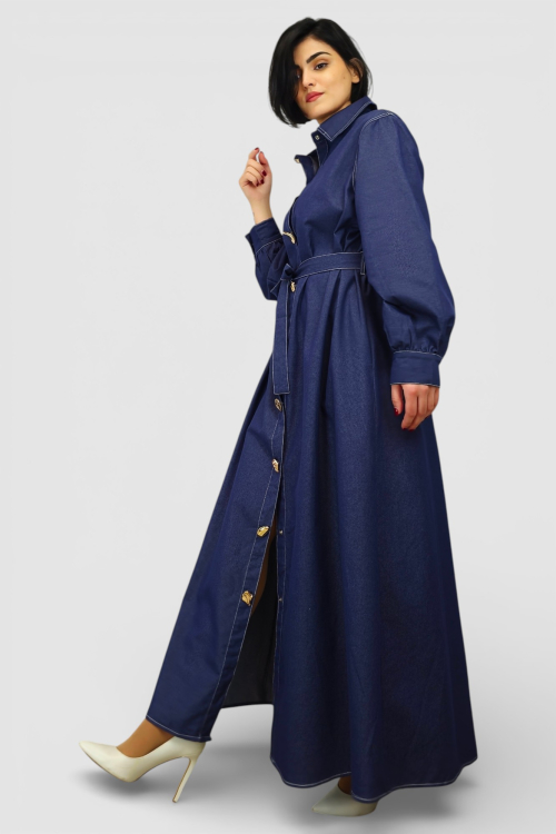 Duga denim haljina Corinna u retro vintage stilu s kontrastnim šavovima