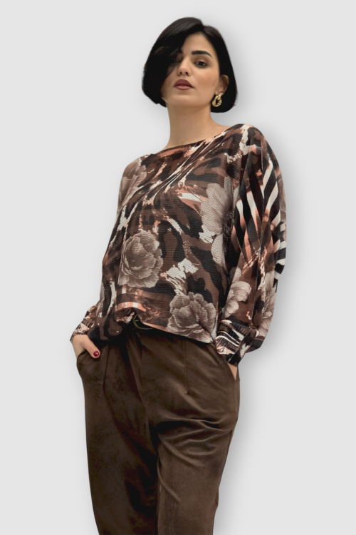 Ženska bordo končana majica Faye dugih rukava sa cvjetnim printom