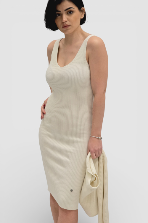 Komplet bež rebraste viskozne haljine i džempera Catrina