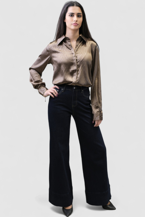 Ženske tamno plave široke traperice Eliza s visokim strukom i širokom nogavicom