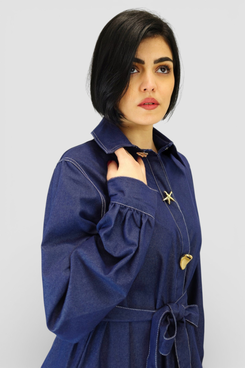 Duga denim haljina Corinna u retro vintage stilu s kontrastnim šavovima