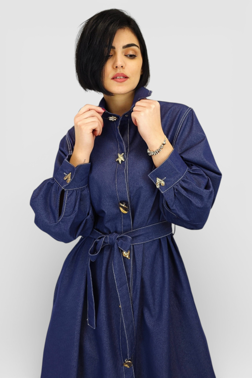 Duga denim haljina Corinna u retro vintage stilu s kontrastnim šavovima