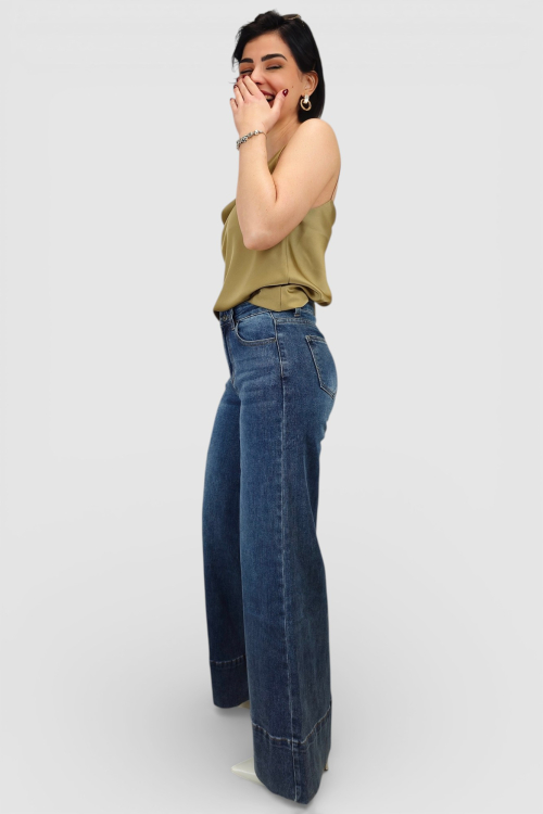 Plave isprane traperice Luna wide leg kroja sa širokim porubom