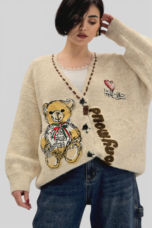 Ženski bež džemper na kopčanje Bindi s V-izrezom i aplikacijom medvjedića