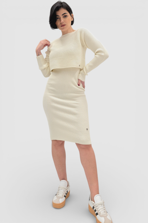 Komplet bež rebraste viskozne haljine i džempera Catrina