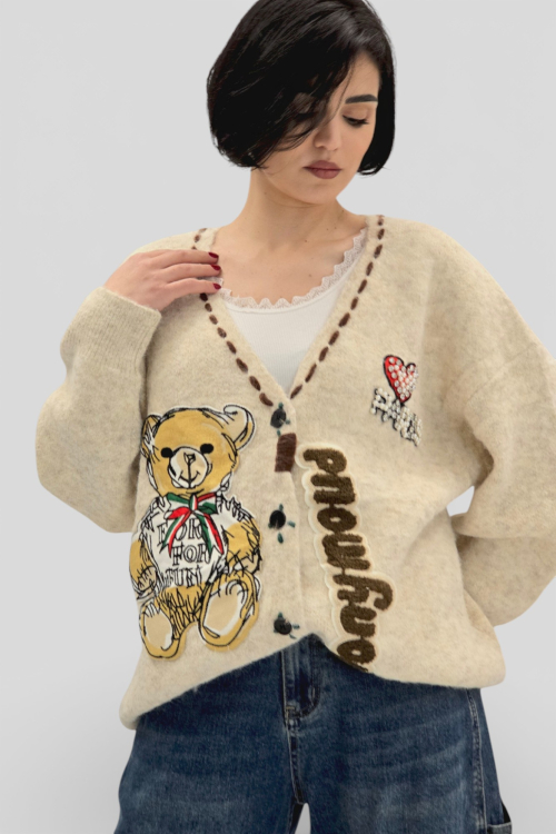 Ženski bež džemper na kopčanje Bindi s V-izrezom i aplikacijom medvjedića