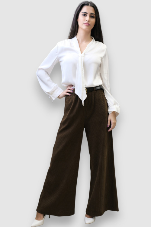 Ženske tamno smeđe samt hlače Lucy s širokim nogavicama i remenom