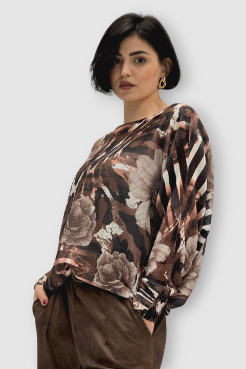 Ženska bordo končana majica Faye dugih rukava sa cvjetnim printom