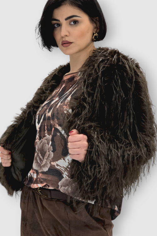 Ženska smeđa kratka čupava trendi jakna Edith