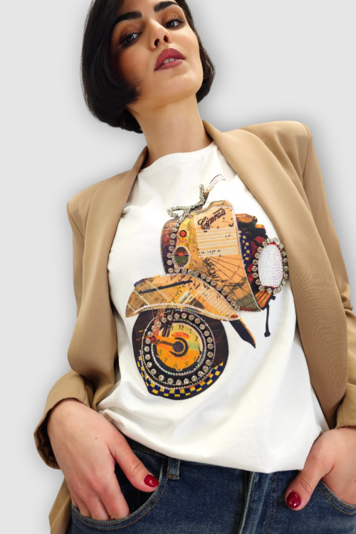 Ženska pamučna bijela majica kratkih rukava sa cirkonima i printom Molly