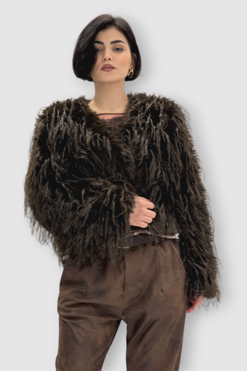 Ženska smeđa kratka čupava trendi jakna Edith