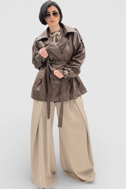 Ženska trendi smeđa oversized jakna Ember u imitaciji kože