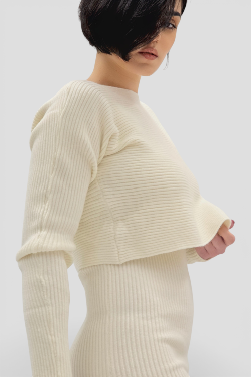 Komplet bež rebraste viskozne haljine i džempera Catrina