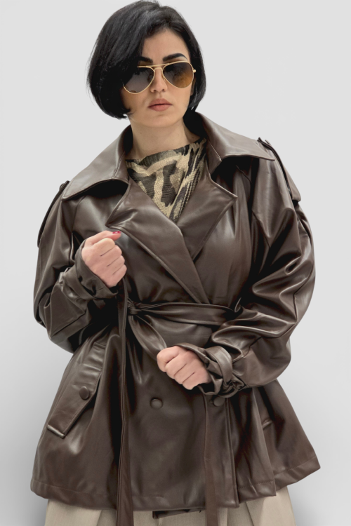 Ženska trendi smeđa oversized jakna Ember u imitaciji kože